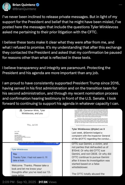 Brian Quintenz post about text chain